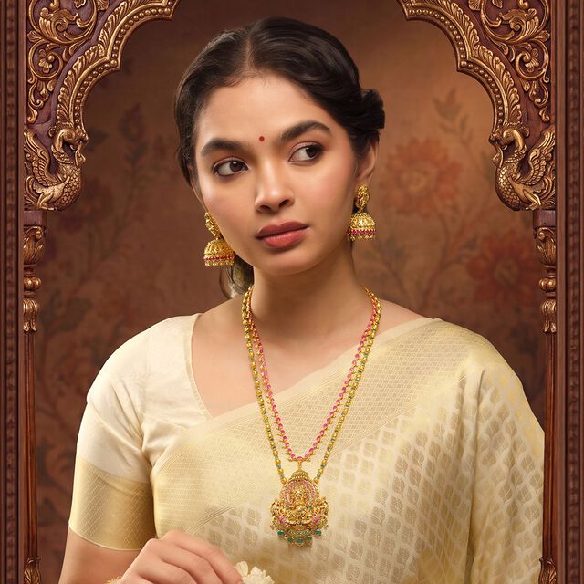 Tanishq 18KT Portrait of Divinity Ruby & Emerald Lakshmi Haram Set for Women 2