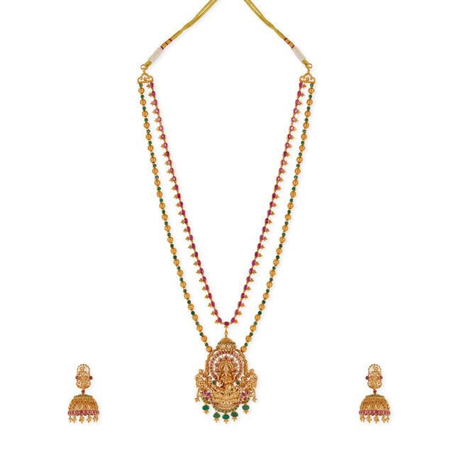 Tanishq 18KT Portrait of Divinity Ruby & Emerald Lakshmi Haram Set for Women 