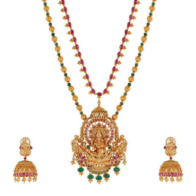 Tanishq 18KT Portrait of Divinity Ruby & Emerald Lakshmi Haram Set for Women 3