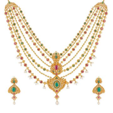Tanishq 18KT Tiers of Spring Ruby & Emerald Multi-layered Necklace Set for Women