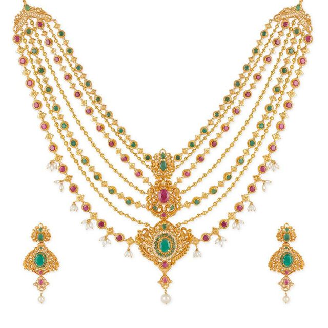Tanishq 18KT Tiers of Spring Ruby & Emerald Multi-layered Necklace Set for Women 