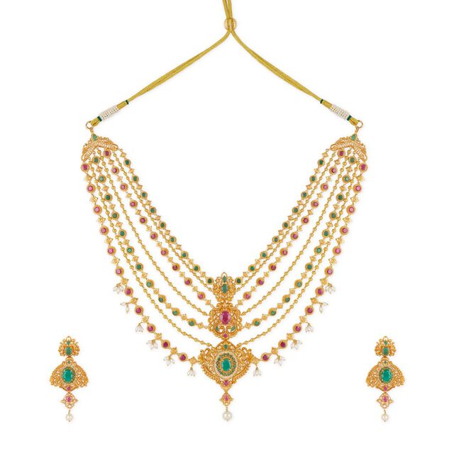 Tanishq 18KT Tiers of Spring Ruby & Emerald Multi-layered Necklace Set for Women 4