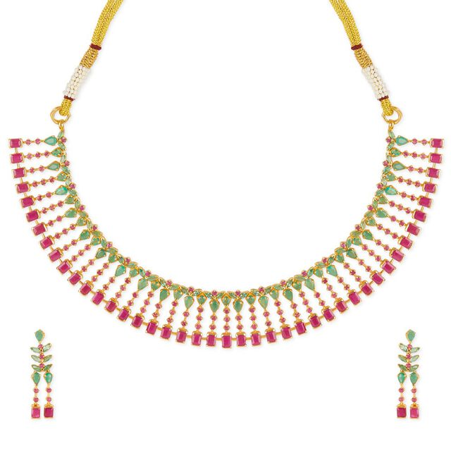 Tanishq 18KT Ruby & Emerald Spokes Necklace Set for Women 