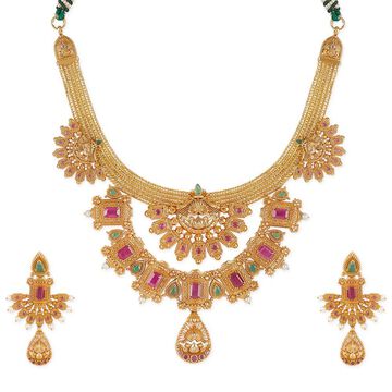 Tanishq 18KT Grand Ruby & Emerald Statement Necklace Set for Women