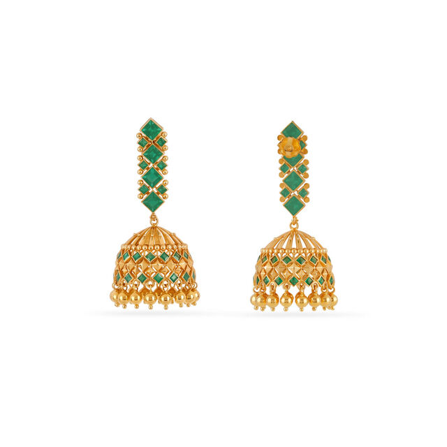 Tanishq 18KT Princess-cut Emerald Jhumkas for Women 2
