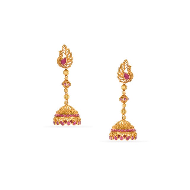 Tanishq 18KT Perched Ruby Peacock Earrings for Women 