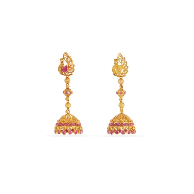 Tanishq 18KT Perched Ruby Peacock Earrings for Women 3