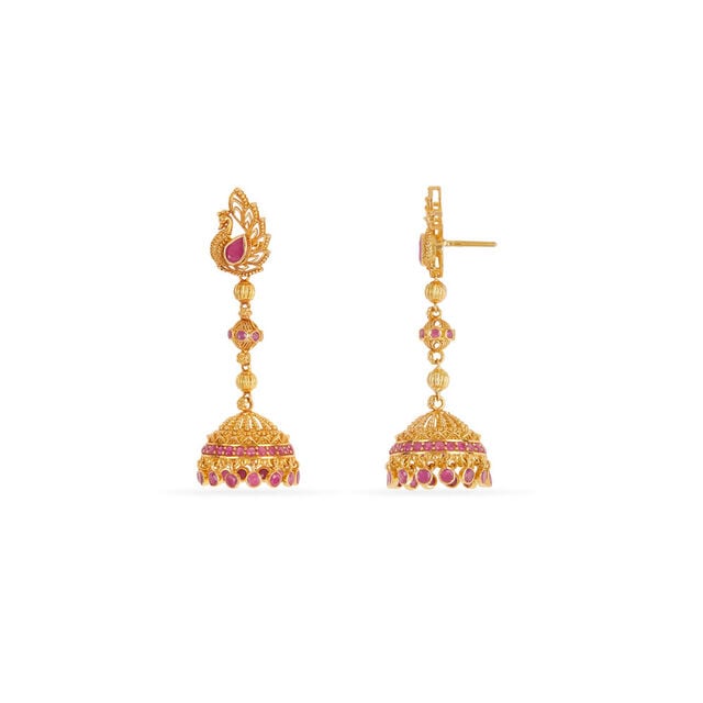 Tanishq 18KT Perched Ruby Peacock Earrings for Women 4