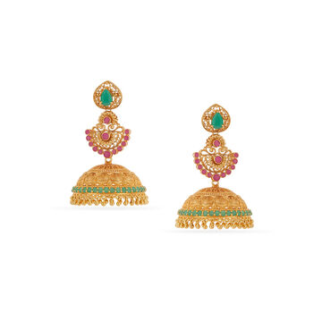 Tanishq 18KT Ruby & Emerald Ornate Jhumkas for Women