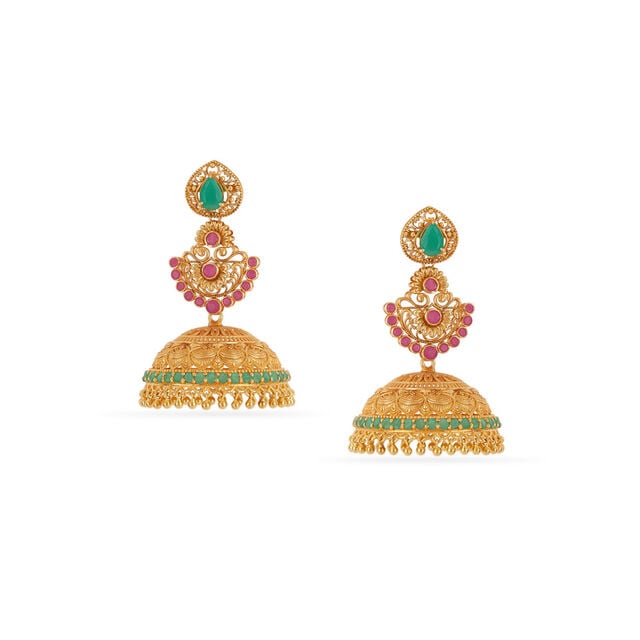 Tanishq 18KT Ruby & Emerald Ornate Jhumkas for Women 