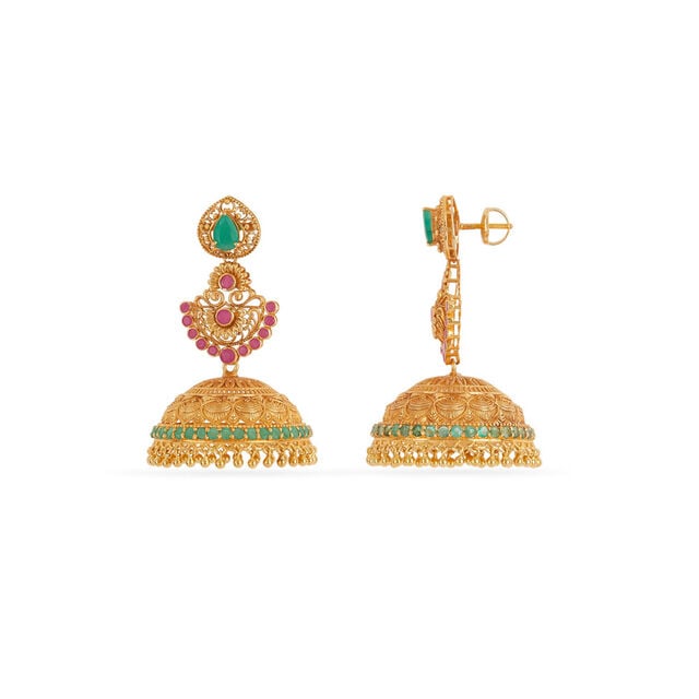 Tanishq 18KT Ruby & Emerald Ornate Jhumkas for Women 3