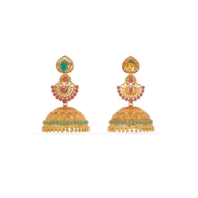 Tanishq 18KT Ruby & Emerald Ornate Jhumkas for Women 4