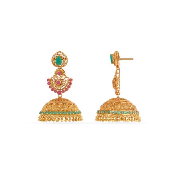 Tanishq 18KT Ruby & Emerald Ornate Jhumkas for Women 5