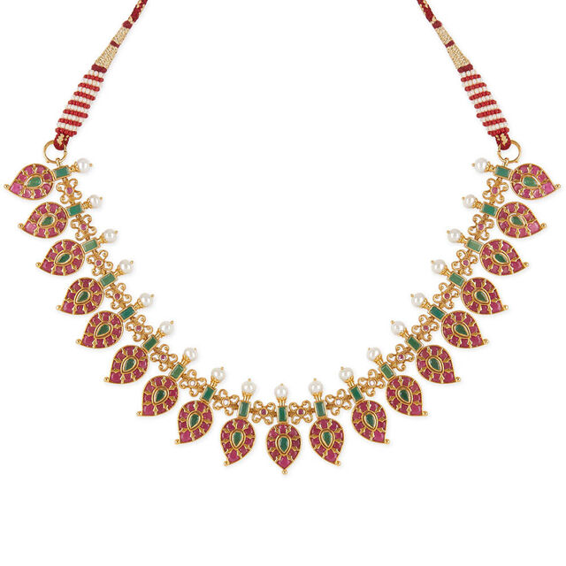 Tanishq 18KT Ruby & Emerald Mango Motif Necklace Set for Women 
