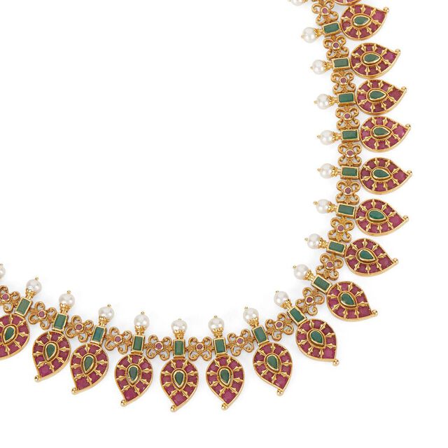 Tanishq 18KT Ruby & Emerald Mango Motif Necklace Set for Women 4