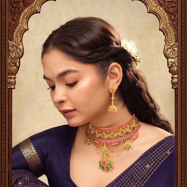 Tanishq 18KT Gold Ruby & Emerald 3-in-1 Choker Necklace Set for Women 2