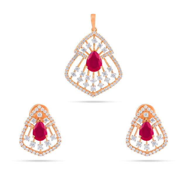 Elegant Ruby Diamond Pendant-Earrings 