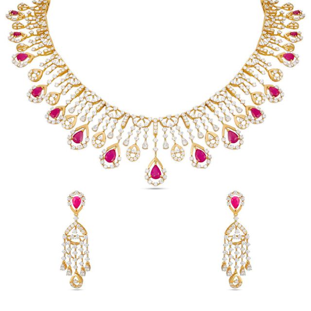 Gold Ruby and Diamond Necklace Set 