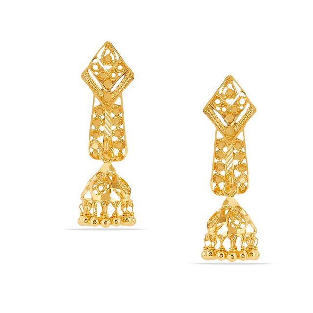Enchanting 22 Karat Yellow Gold Mesh Pattern Jhumka Earrings 