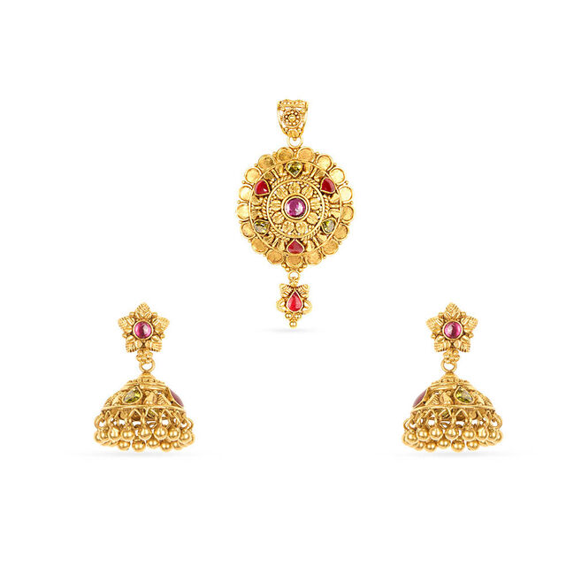 Tanishq 22KT Synthetic Stone Pendant with Earring for Women 