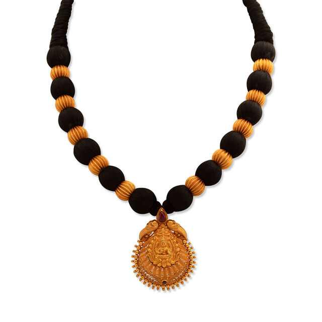 Lakshmi Pendant Thread Necklace Gold One Gram Gold White Stones