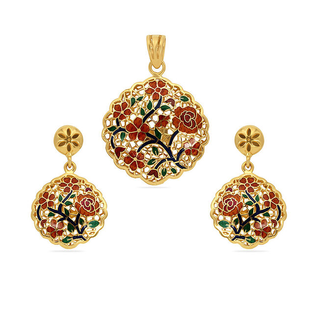 Tanishq 22 Karat Gold Pendant and Earrings Set for Women 