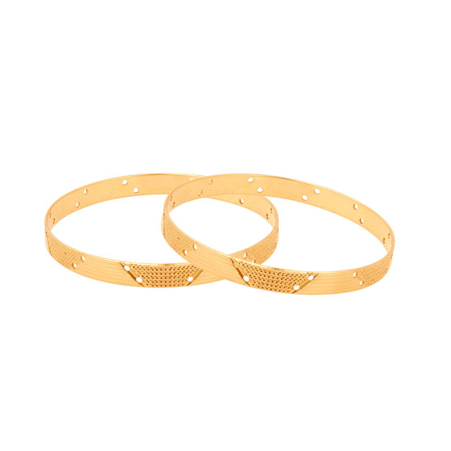 22 Karat Yellow Gold Bangles: Modern Openwork Design with Crosshatch Detail 