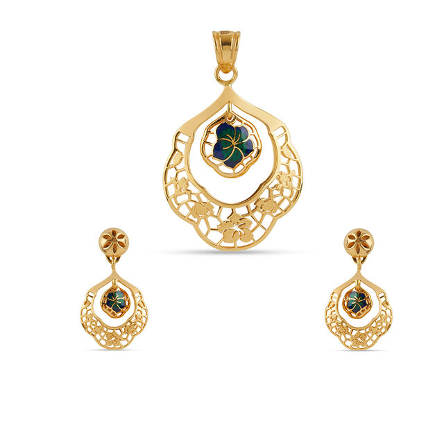 Tanishq 22KT Gold Pendant and Earrings Set for Women 