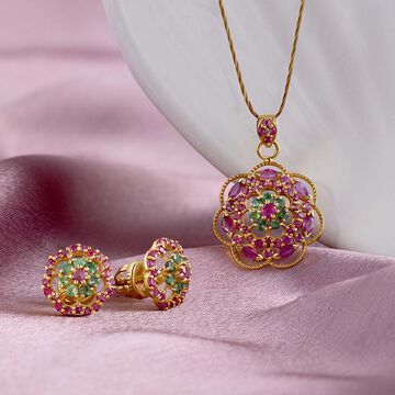 Floral Gemstone Earrings and Pendant Set