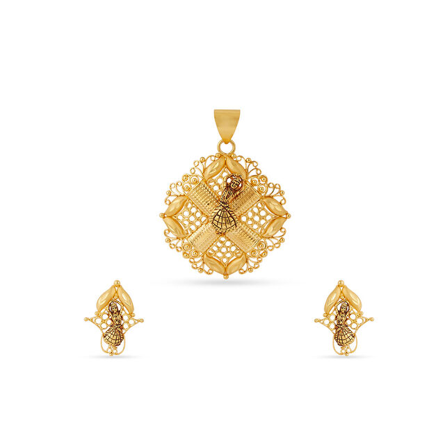 Tanishq 22KT Gold Pendant and Earrings Set for Women 
