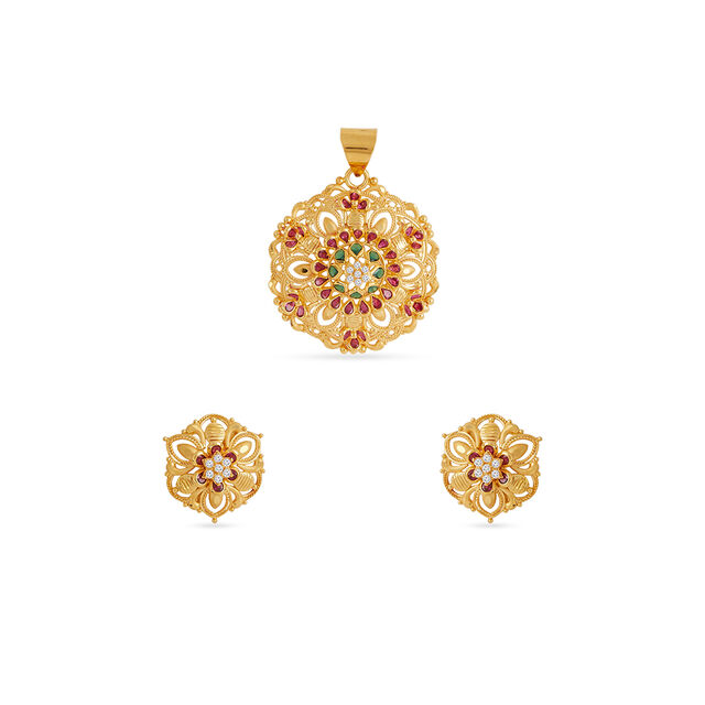 Tanishq 22KT Gold Pendant and Earrings Set 