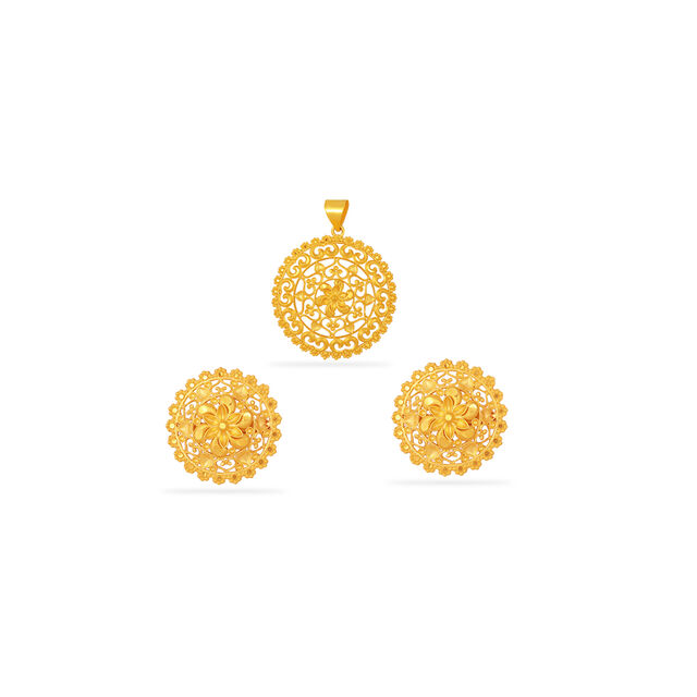 Tanishq 22KT Gold Pendant and Earrings Set for Women 