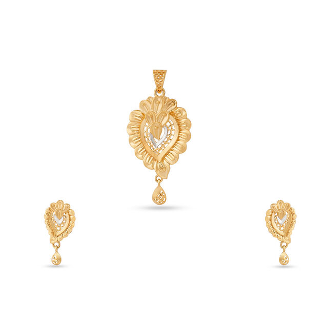 Radiant Stamped Floral Gold Pendant and Earrings Set 