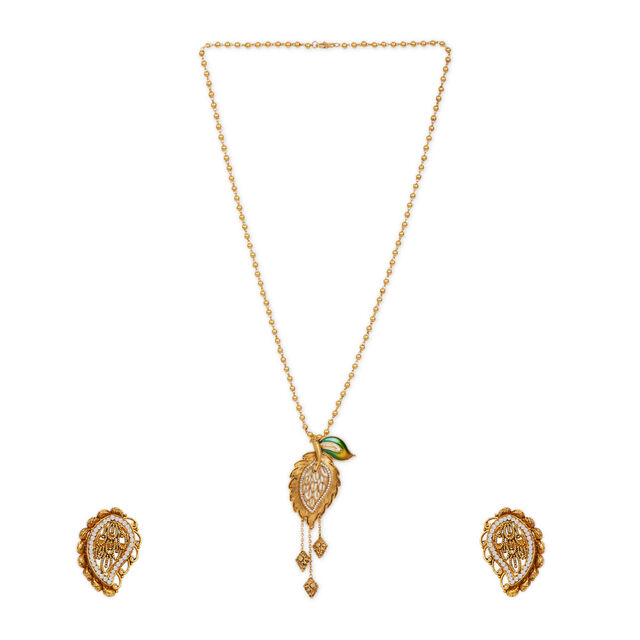 Tanishq 22KT Gold Pendant with Chain and Earrings Set 2