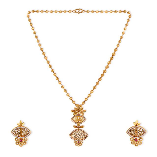 Tanishq 22KT Gold Pendant with Chain and Earrings Set 