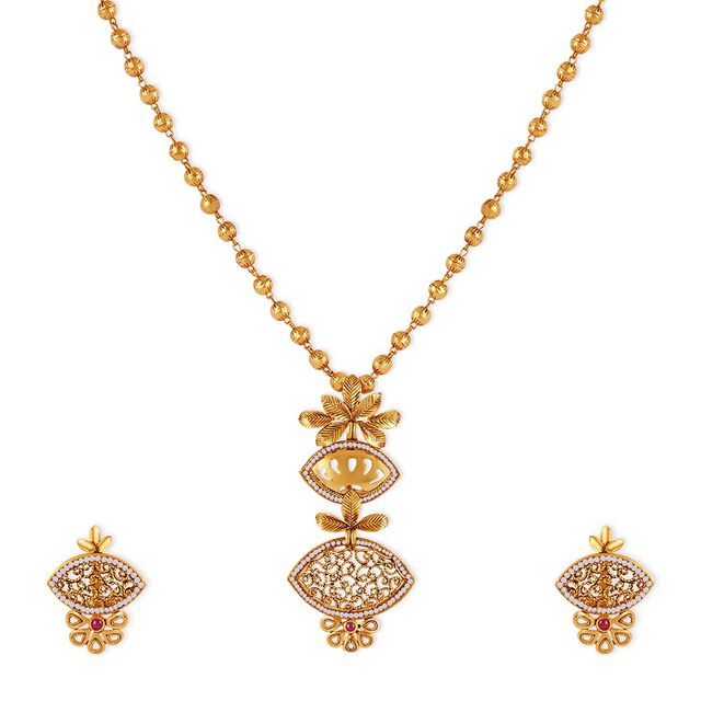 Tanishq 22KT Gold Pendant with Chain and Earrings Set 2