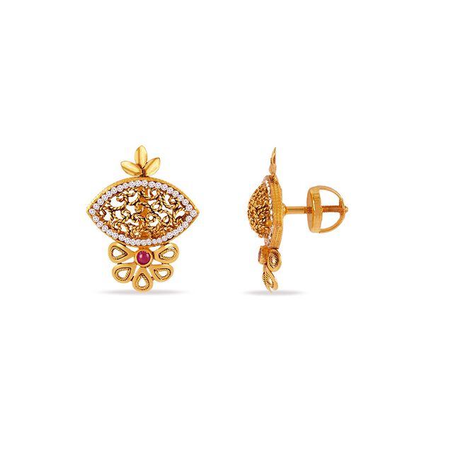 Tanishq 22KT Gold Pendant with Chain and Earrings Set 5