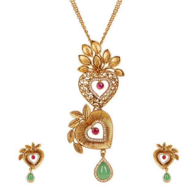 Tanishq 22KT Gold Pendant with Chain and Earrings Set 
