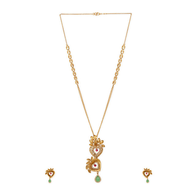 Tanishq 22KT Gold Pendant with Chain and Earrings Set 2