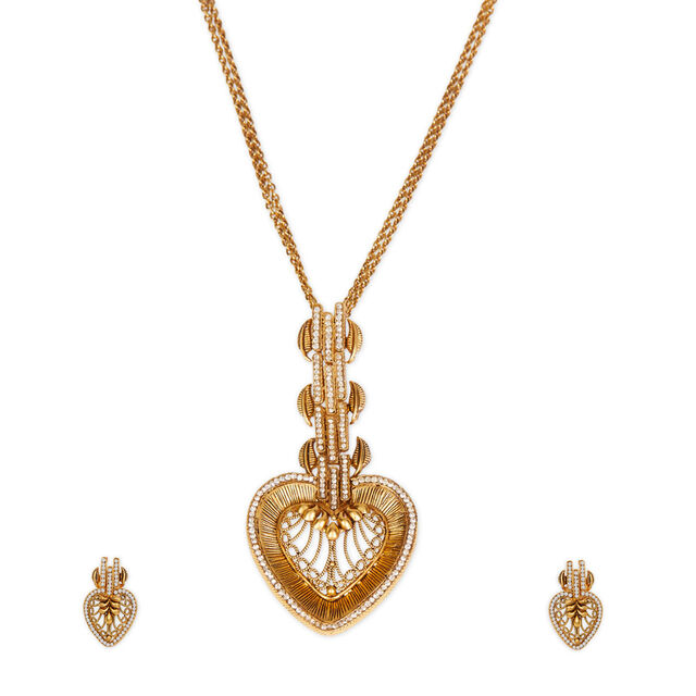Tanishq 22KT Gold Pendant with Chain and Earrings Set 