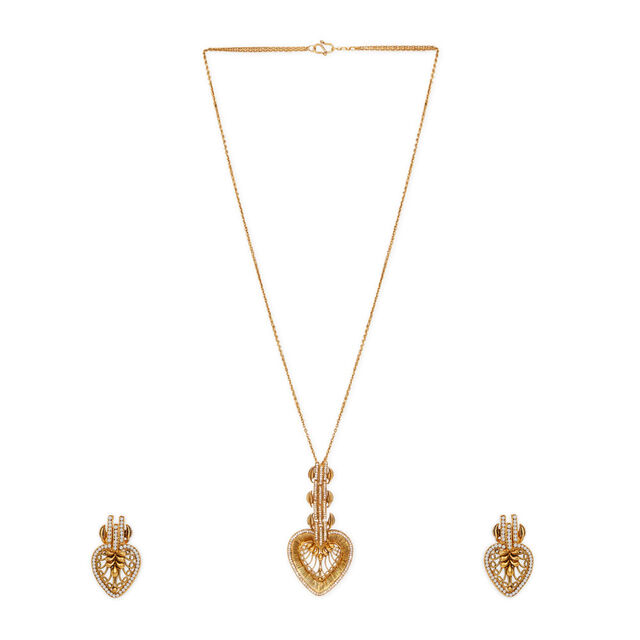 Tanishq 22KT Gold Pendant with Chain and Earrings Set 2