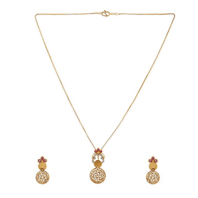 Tanishq 22KT Gold Pendant with Chain and Earrings Set 2