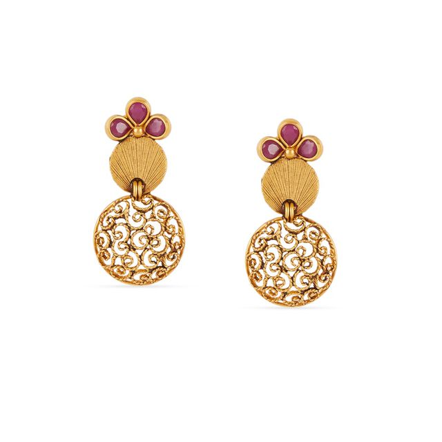 Tanishq 22KT Gold Pendant with Chain and Earrings Set 3