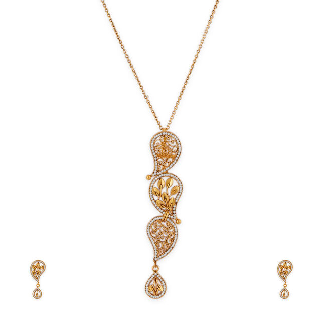 Tanishq 22KT Gold Pendant with Chain and Earrings Set 