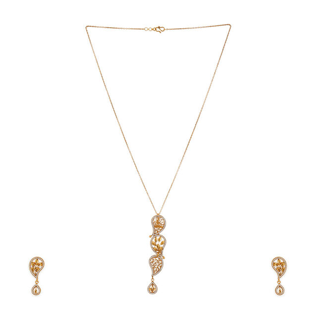 Tanishq 22KT Gold Pendant with Chain and Earrings Set 2