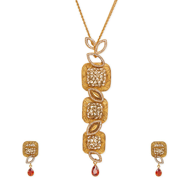 Tanishq 22KT Gold Pendant with Chain and Earrings Set 