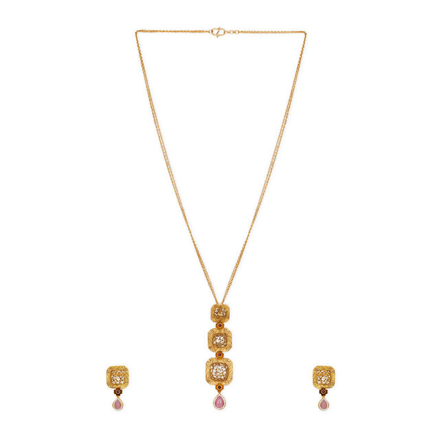 Tanishq 22KT Gold Pendant with Chain and Earrings Set 2