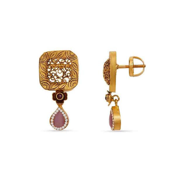 Tanishq 22KT Gold Pendant with Chain and Earrings Set 4