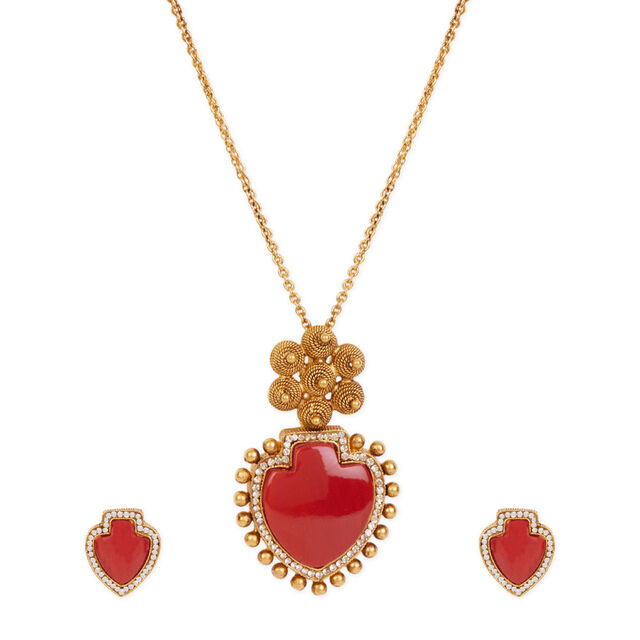 Tanishq 22KT Gold Pendant with Chain and Earrings Set 
