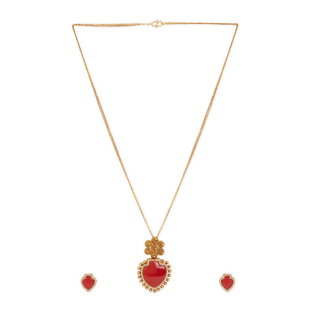 Tanishq 22KT Gold Pendant with Chain and Earrings Set 2